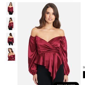 Rhubarb Asymmetric Peplum Satin Blouse